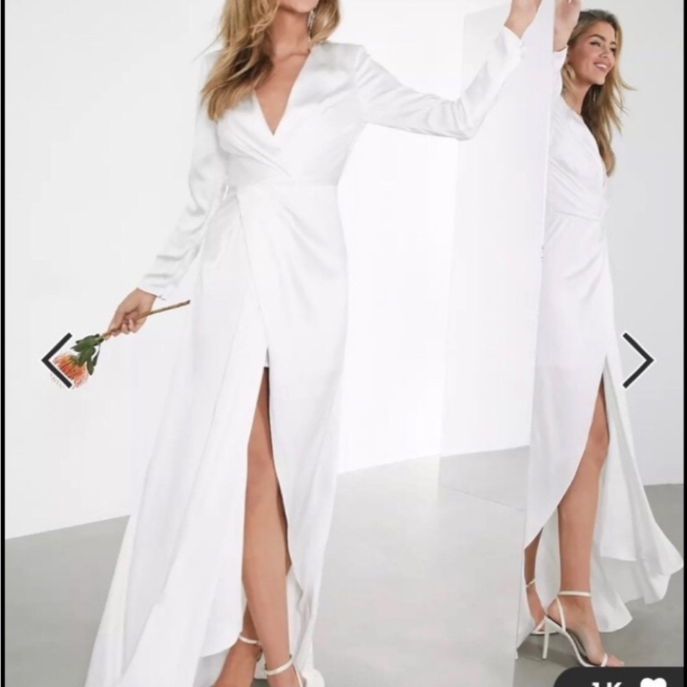 ASOS White Wedding Gown with Bishop Sleeves and V-Neck